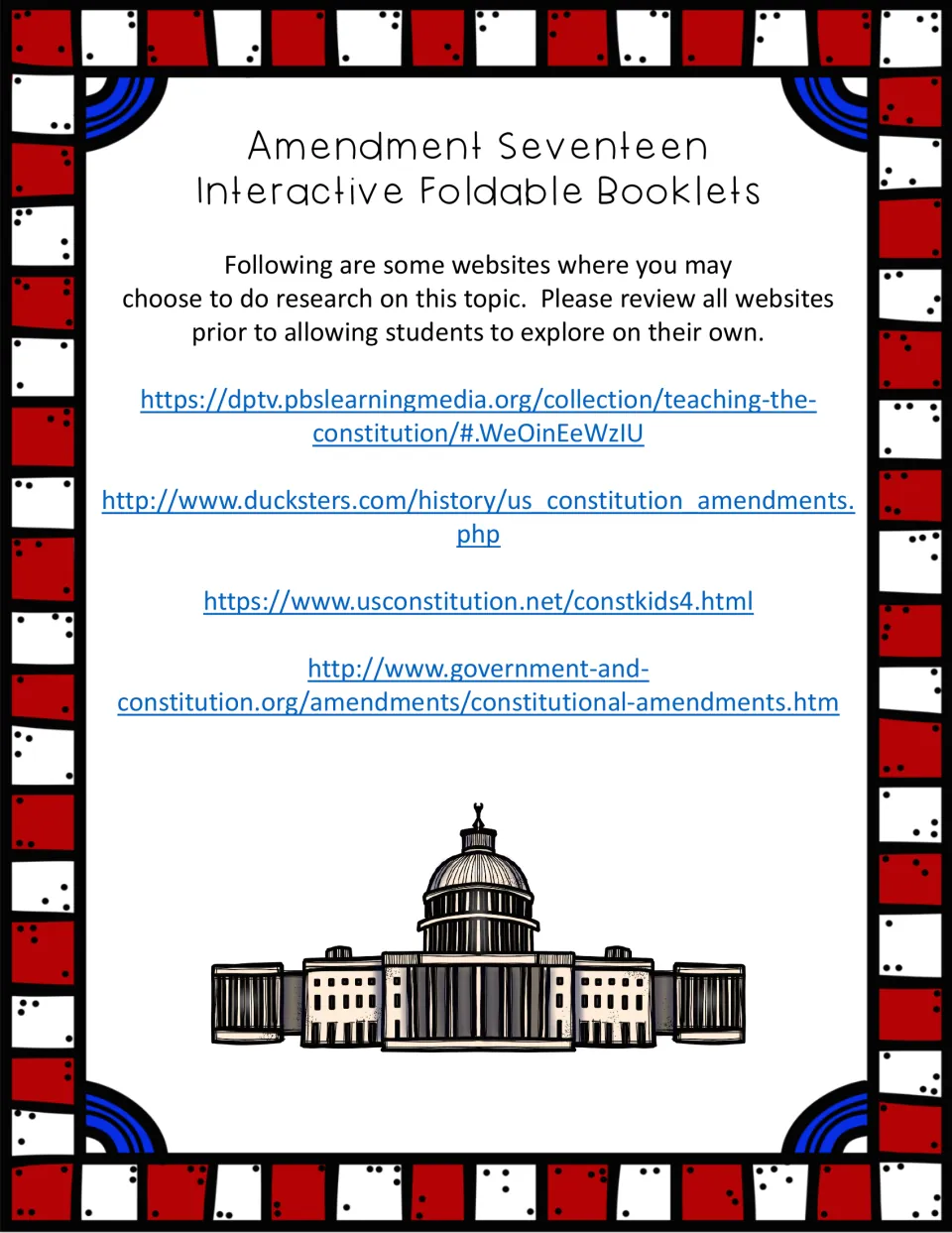 Resources page listing four websites on constitutional amendments, including PBS LearningMedia and Ducksters, for research