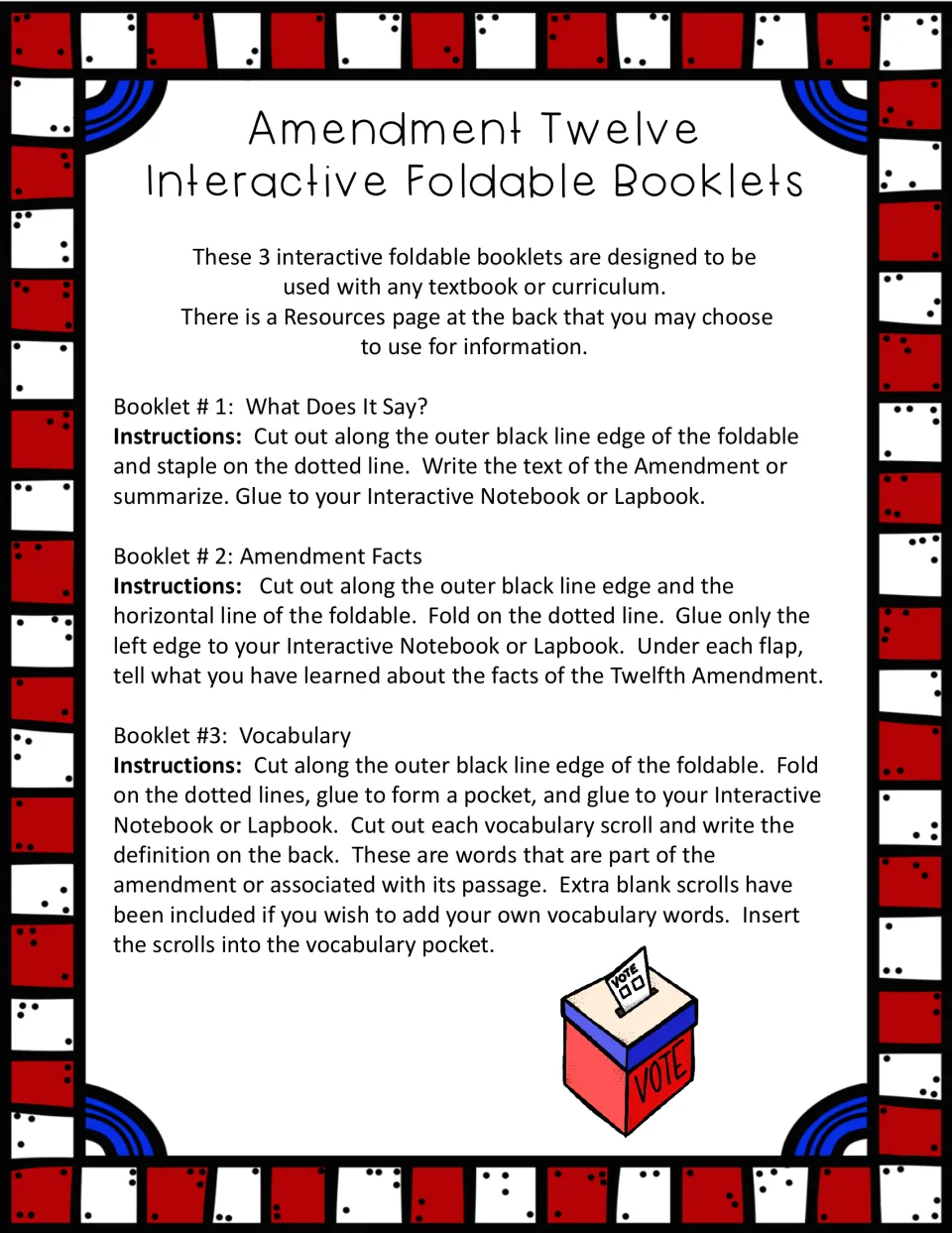 Assembly instructions for three amendment booklets: What Does It Say?, Amendment Facts, and Vocabulary