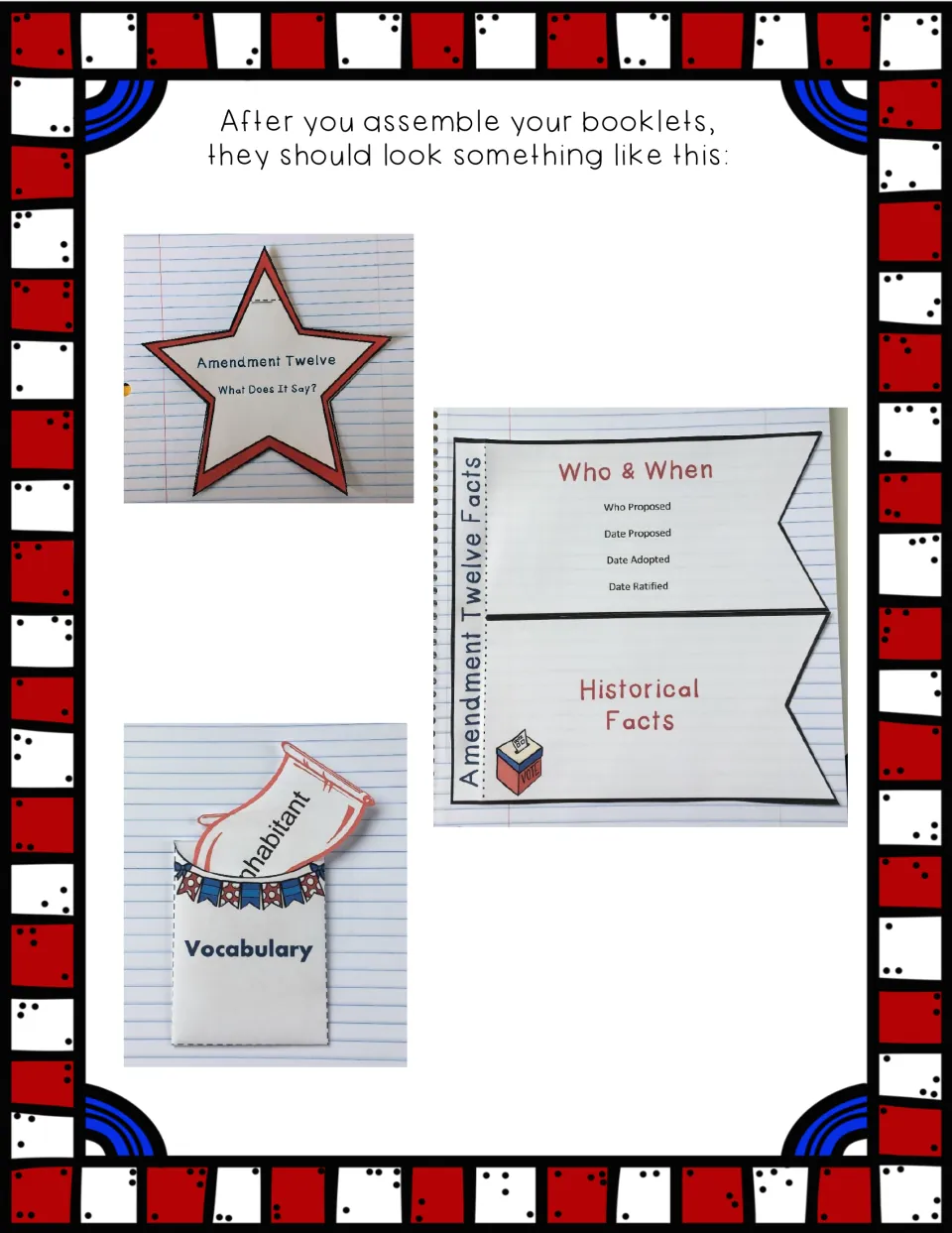 Completed amendment booklet examples show the star booklet, facts flaps, and vocabulary pocket in notebooks