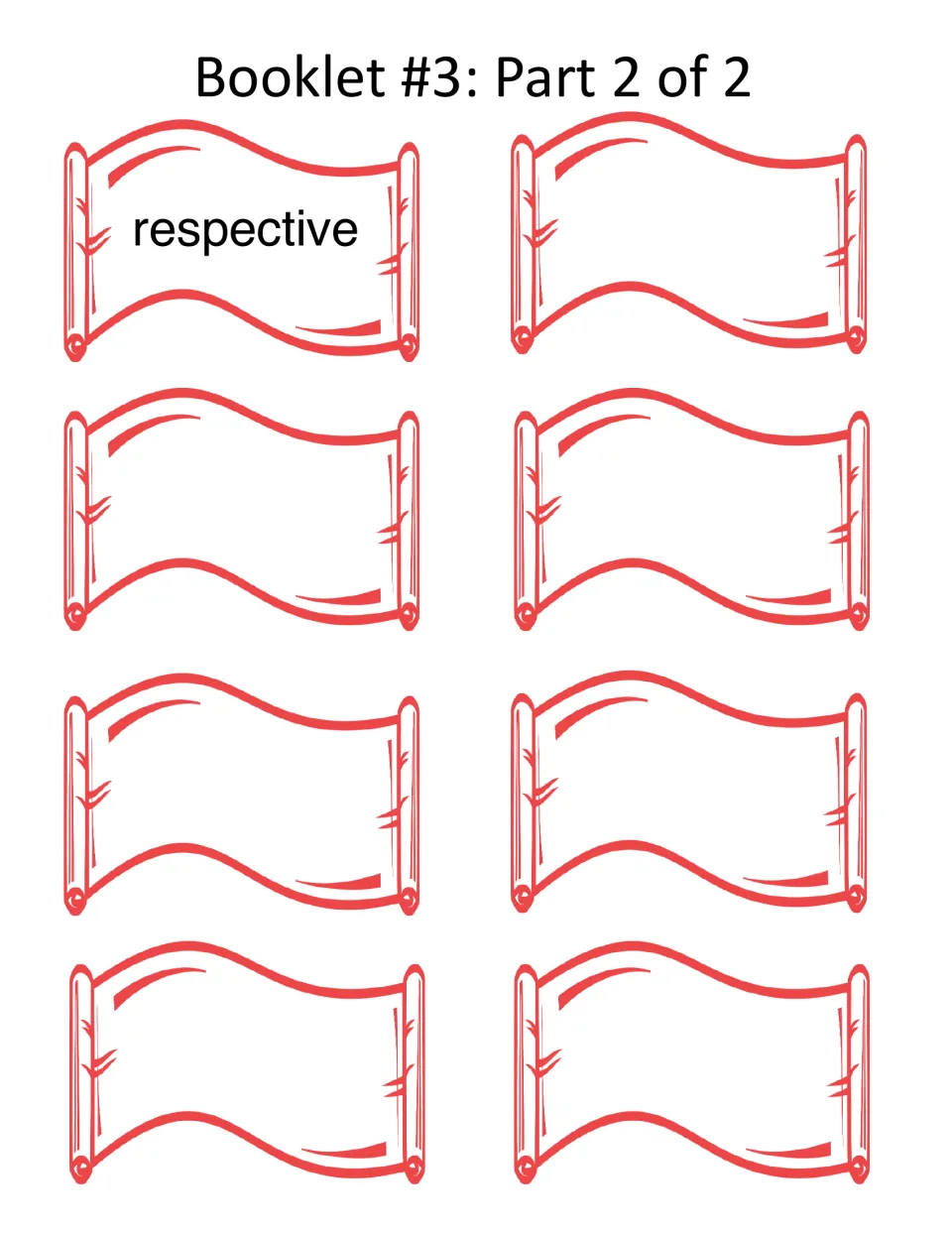 Booklet 3, part 2 of 2: one vocabulary scroll labeled respective and seven blank scrolls for additional words