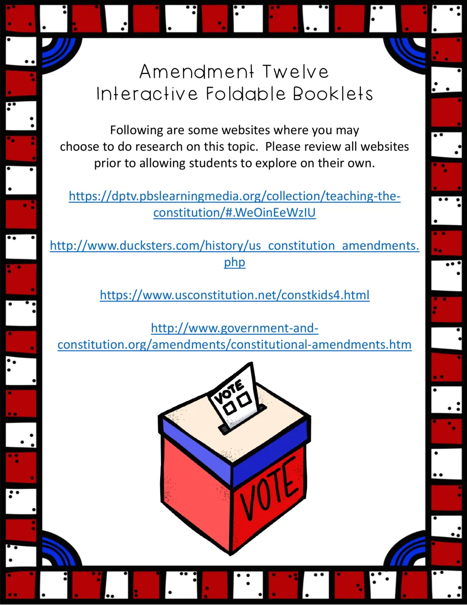 Research resources for the amendment booklets list four websites and ask teachers to review them before student use