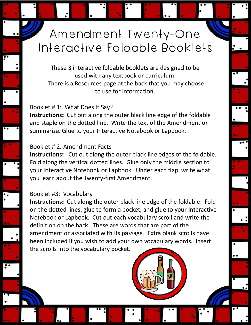 Assembly instructions for the three booklets: What Does It Say?, Amendment Facts and Vocabulary pocket