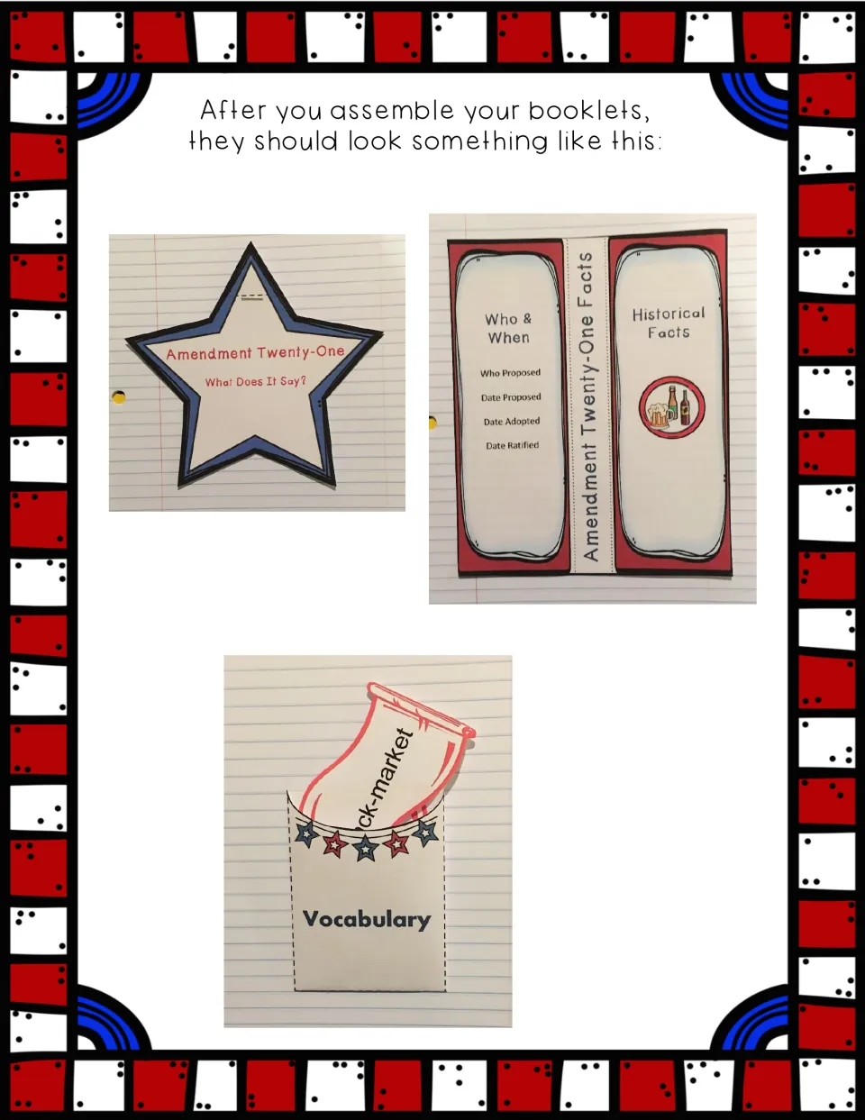 Finished examples of the three booklets glued in a notebook: star booklet, facts flapbook, vocabulary pocket