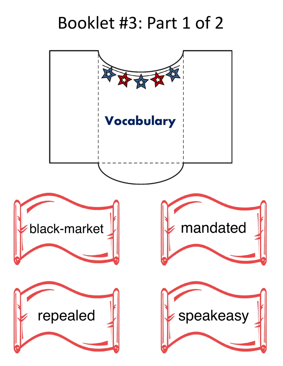 Booklet 3 part 1: Vocabulary pocket and word scrolls for black-market, mandated, repealed and speakeasy