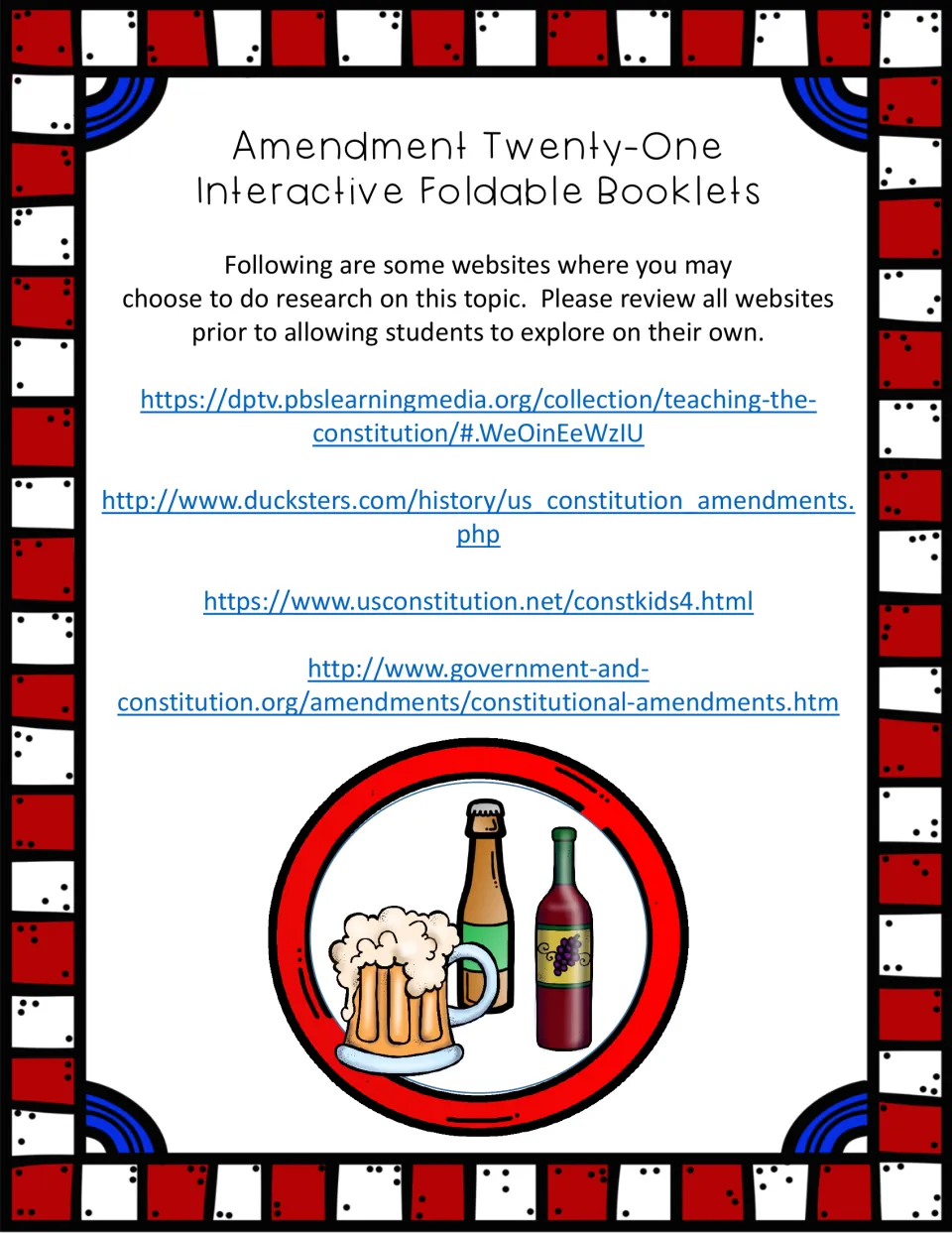 Resources page listing four research websites, including PBS LearningMedia, Ducksters and usconstitution.net