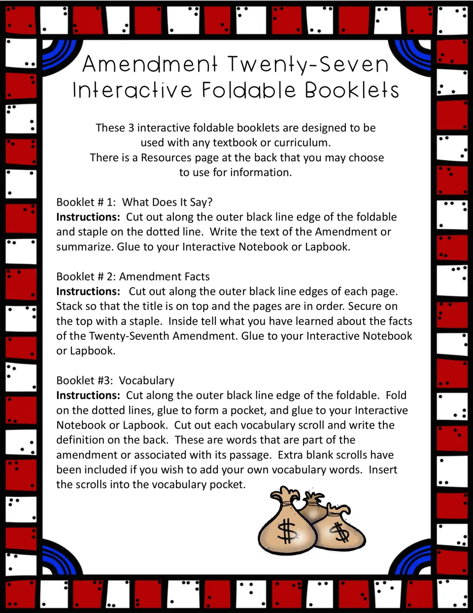 Assembly instructions for three amendment booklets: What Does It Say?, Amendment Facts, and Vocabulary