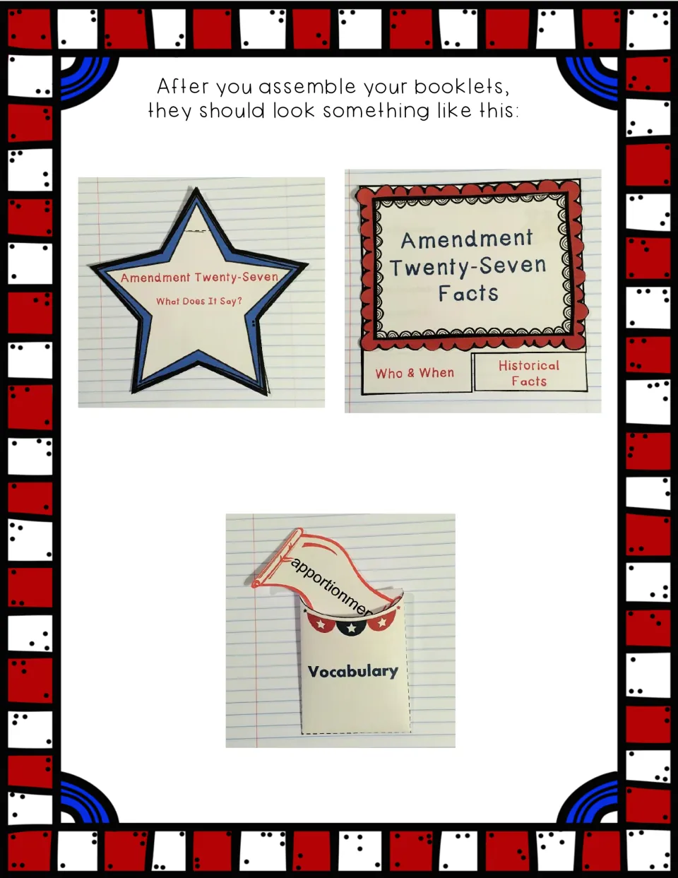 Completed examples of the amendment text booklet, facts booklet, and vocabulary pocket with a scroll