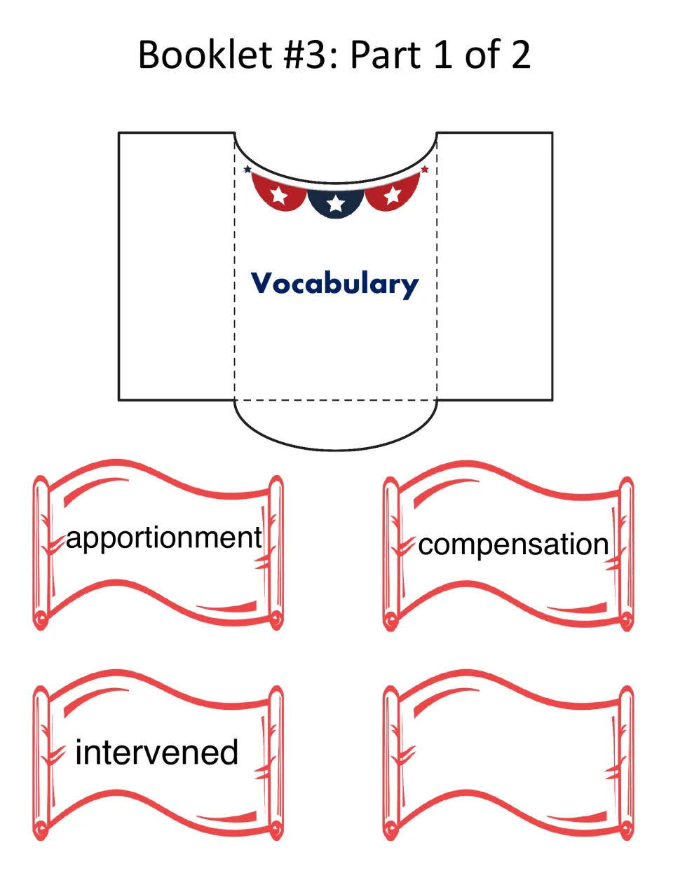 Vocabulary booklet, part 1 of 2: pocket and scrolls for apportionment, compensation, intervened, plus a blank