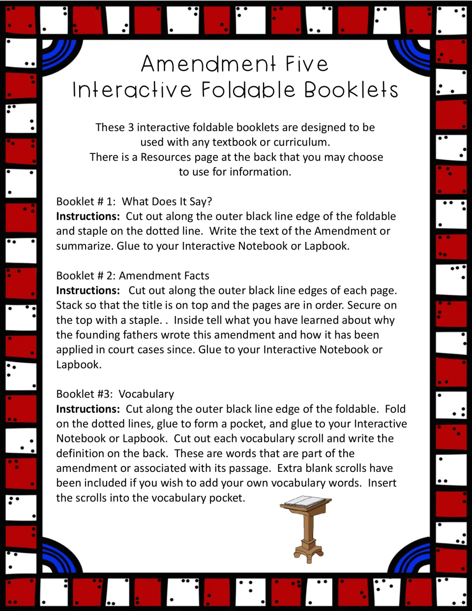 Amendment Five directions for 3 booklets: What Does It Say?, Amendment Facts and Vocabulary, with cut, fold and glue steps