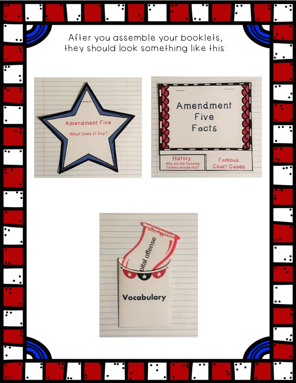 Photos of assembled Fifth Amendment foldables: a star booklet, a facts flipbook with history and court cases, a word pocket
