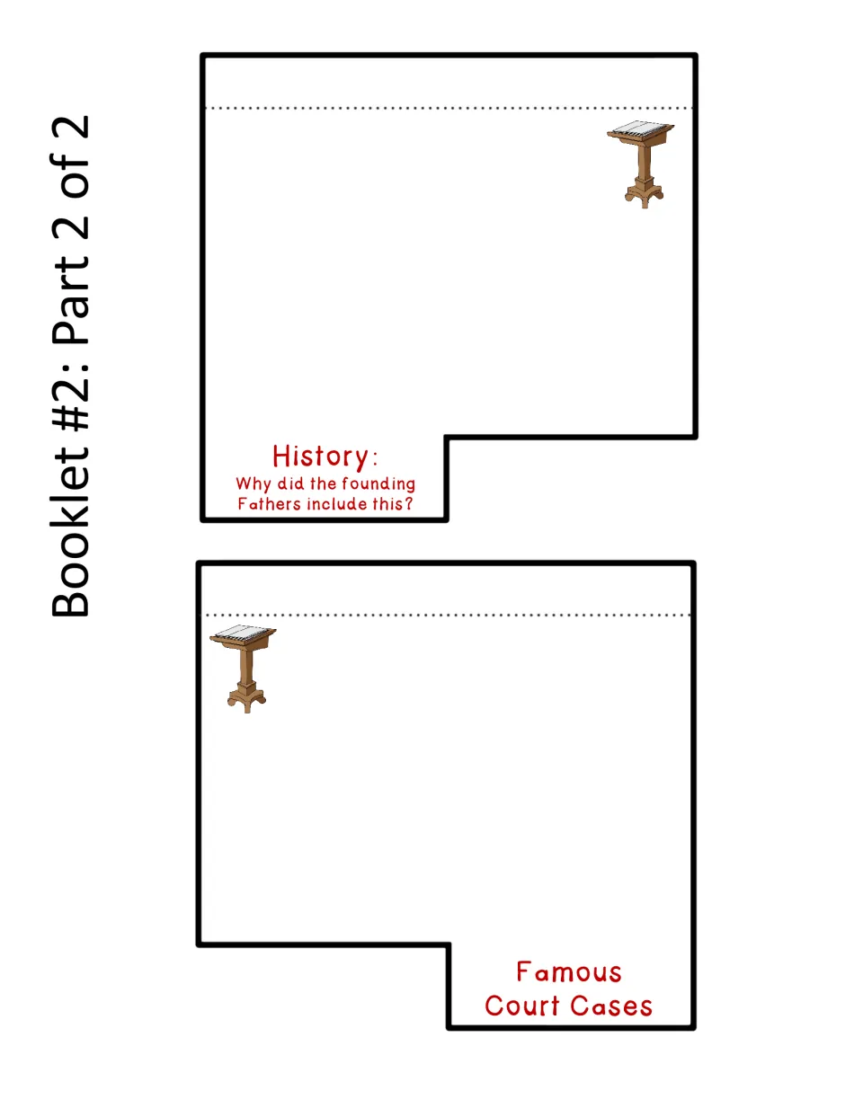 Cut-out piece: flipbook pages asking why the founding fathers added the amendment, plus famous court cases