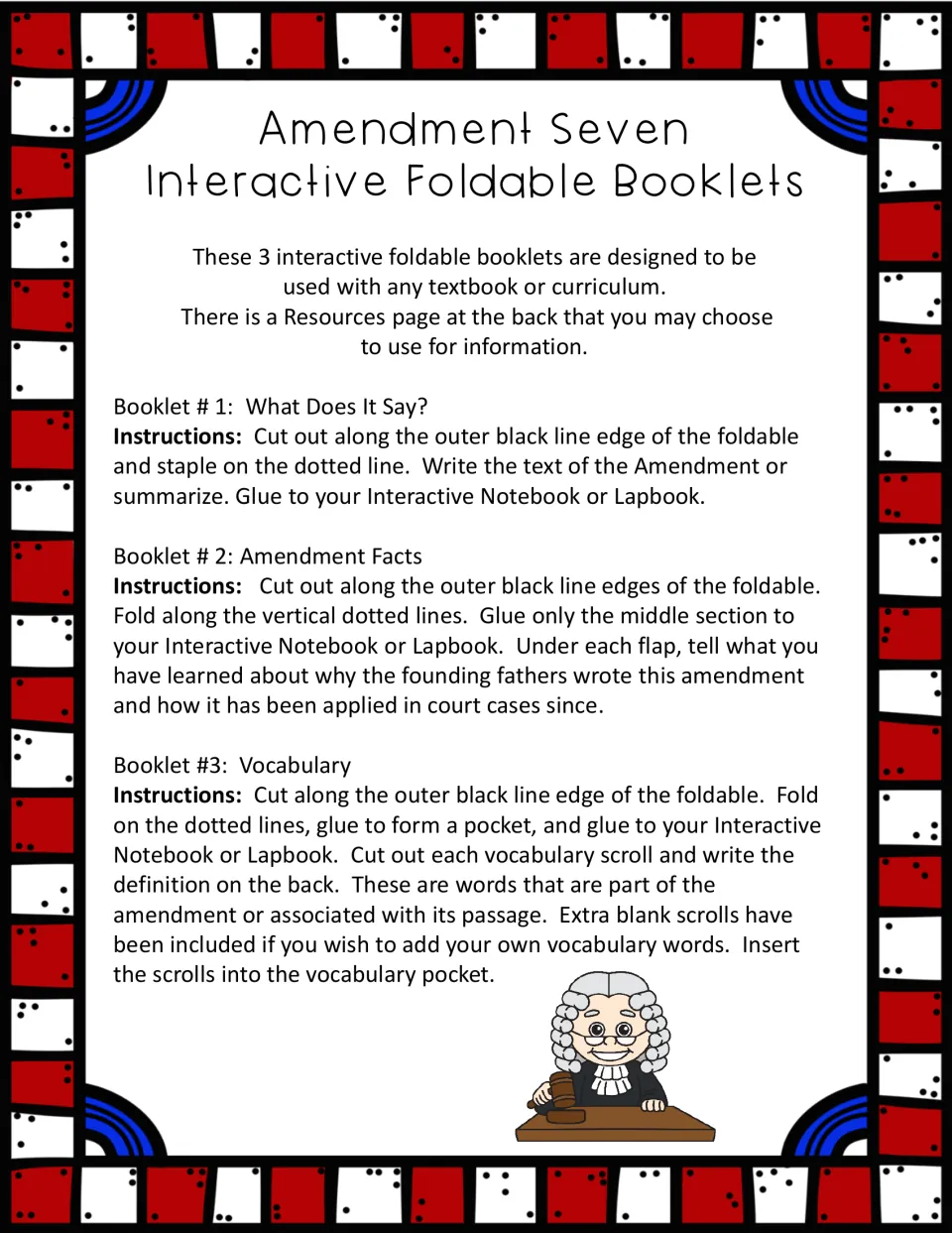 Seventh Amendment booklet directions: how to cut, fold and glue the What Does It Say, Amendment Facts and Vocabulary pieces