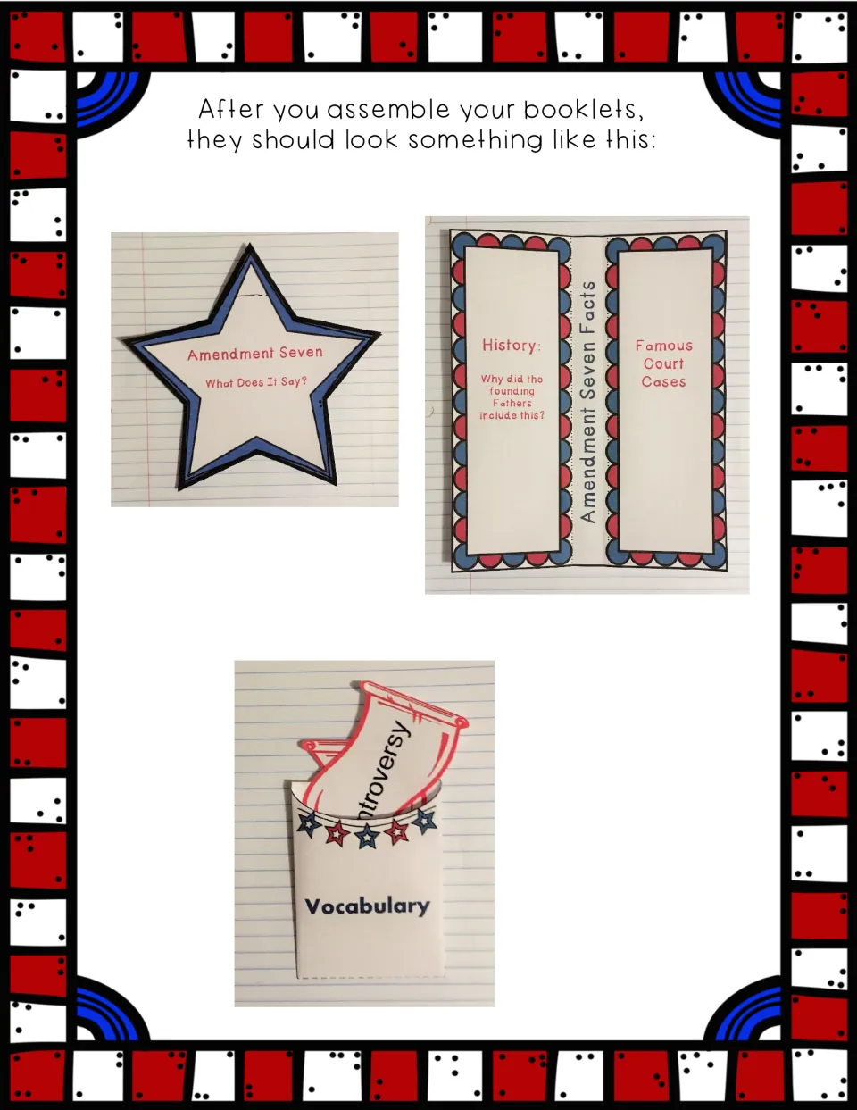 Assembled Amendment Seven booklets in a notebook: a star booklet, a History and Court Cases flap book and a word pocket