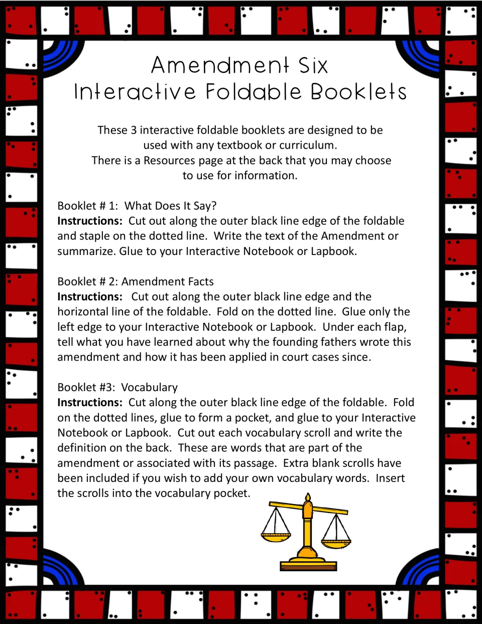 Instructions for the 3 booklets: What Does It Say?, Amendment Facts and Vocabulary, with cut, fold and glue steps