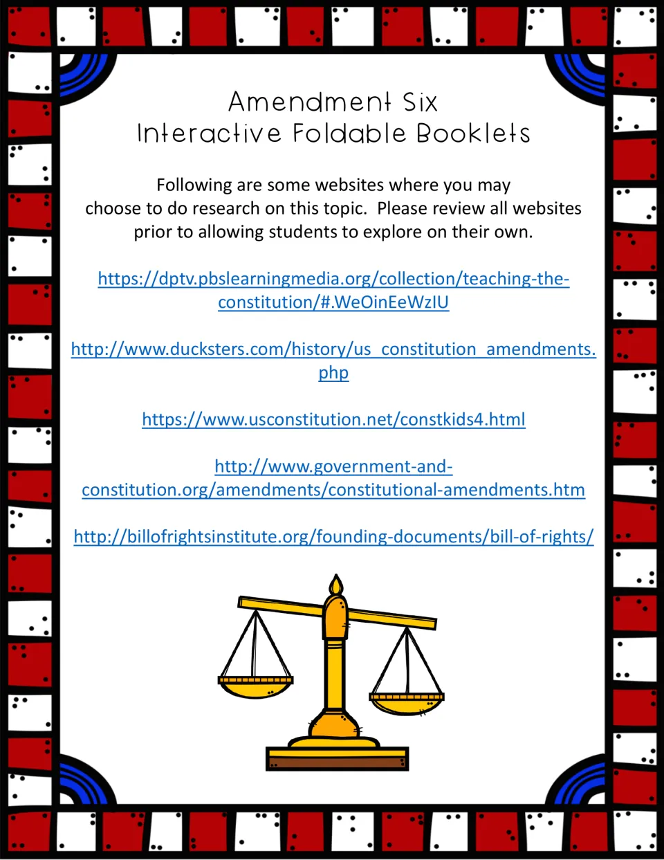 Resources page listing 5 research websites on the Constitution, including PBS LearningMedia and Ducksters
