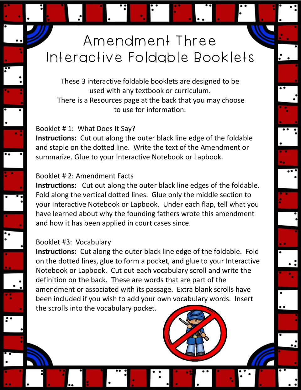 Third Amendment booklet directions: cut, fold and glue steps for What Does It Say?, Amendment Facts and Vocabulary booklets