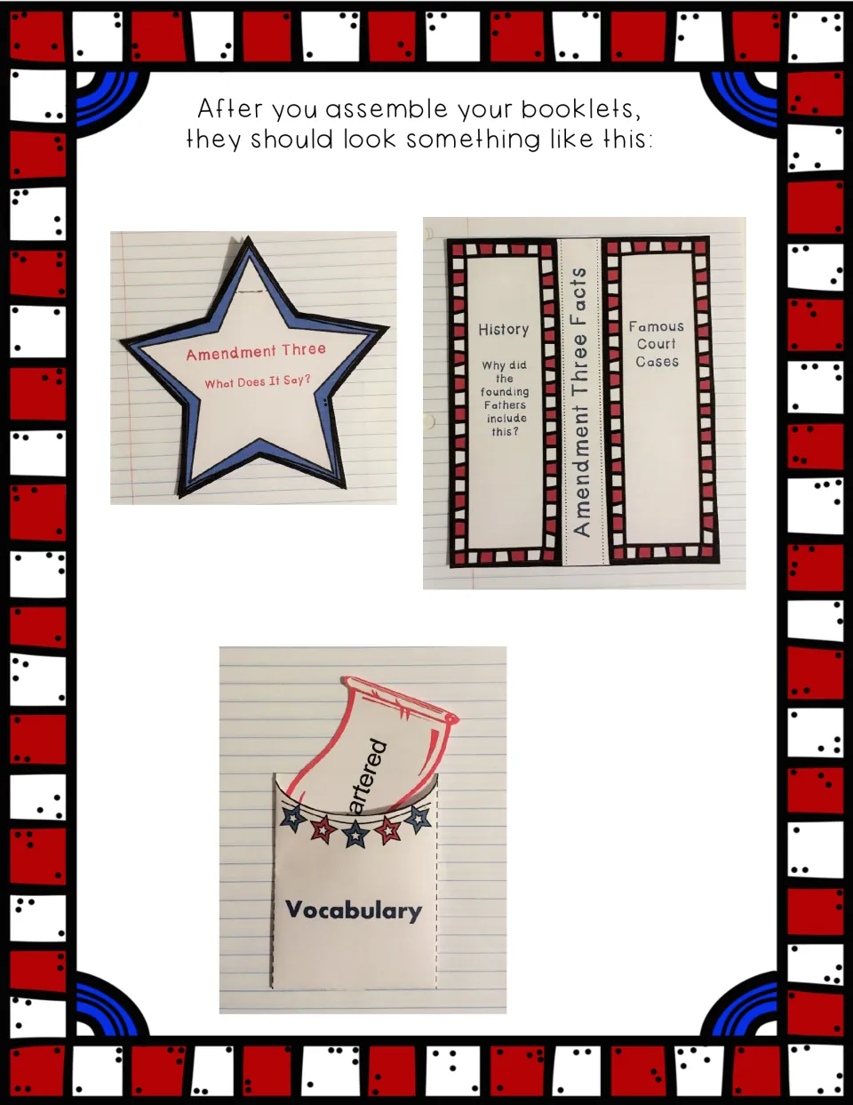 Assembled examples in a notebook: star booklet, Amendment Three Facts flap book and Vocabulary pocket with a scroll