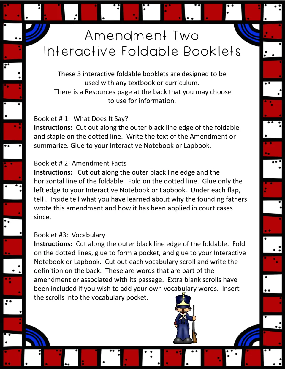 Second Amendment booklet directions: cut, fold and glue the What Does It Say?, Amendment Facts and Vocabulary foldables
