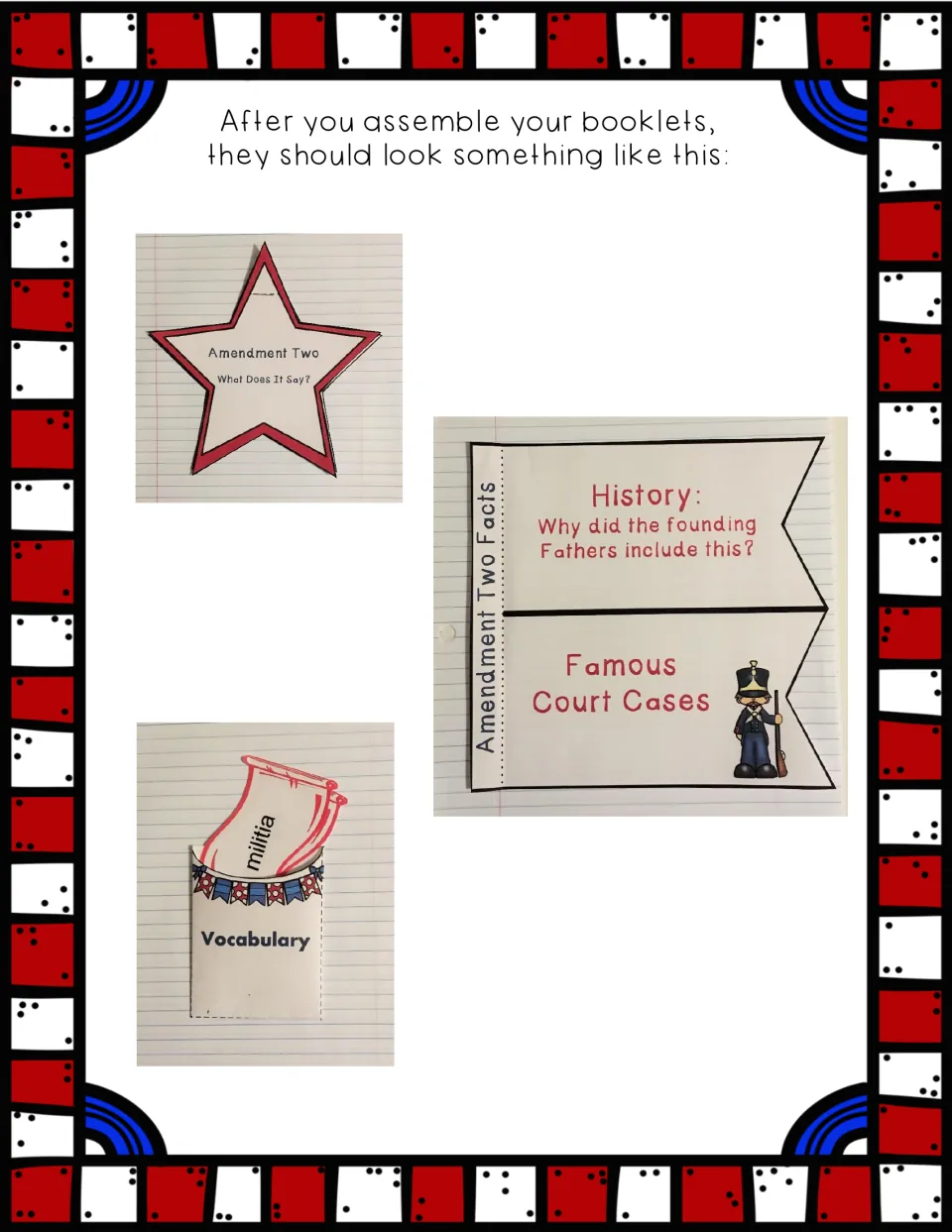 Amendment Two foldables shown assembled in a notebook: a star booklet, a two-flap facts booklet and a vocabulary pocket