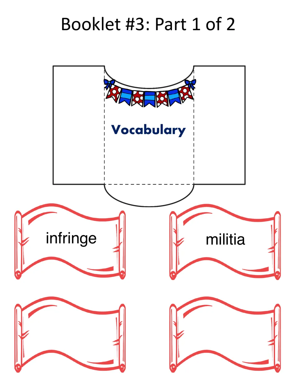 Second Amendment vocabulary: a fold-and-glue pocket, infringe and militia scrolls, two blank scrolls; define each on back