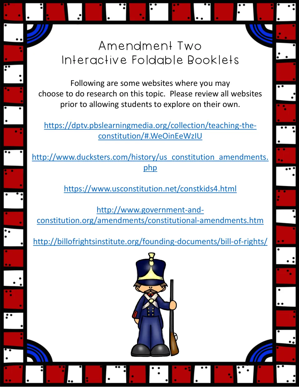 Amendment Two research resources: five website links, including PBS, Ducksters and Bill of Rights Institute