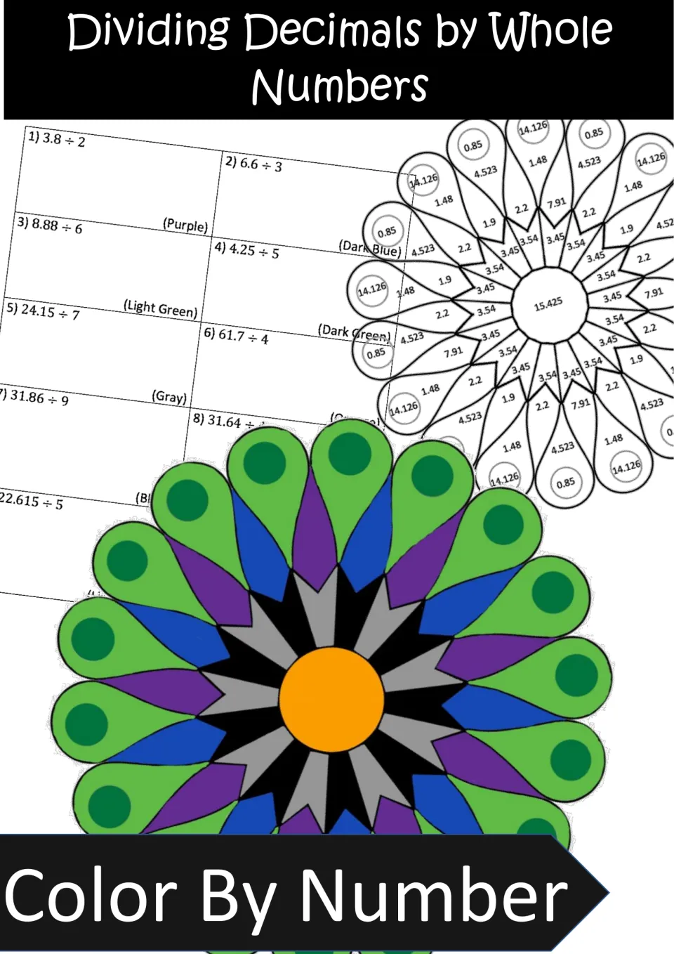Dividing decimals by whole numbers color by number cover showing the question sheet, blank mandala and a colored mandala