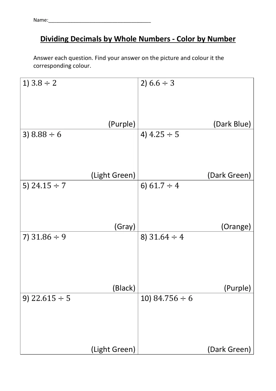 Decimal division practice: students solve 10 problems such as 3.8 ÷ 2 and 84.756 ÷ 6, each paired with a color to use