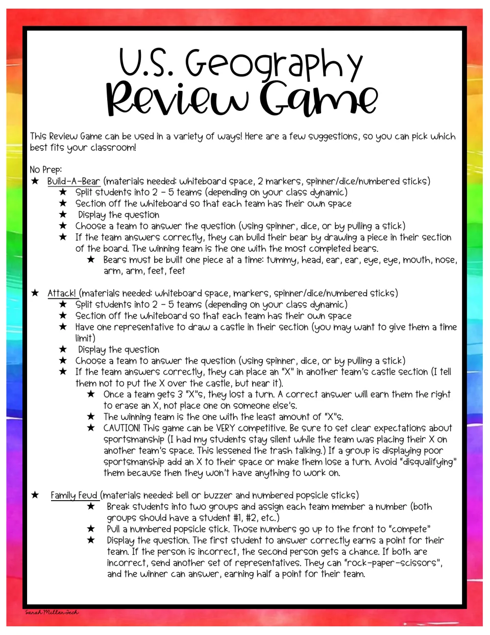 Geography review game directions explain Build-A-Bear, Attack!, and Family Feud team play and materials.