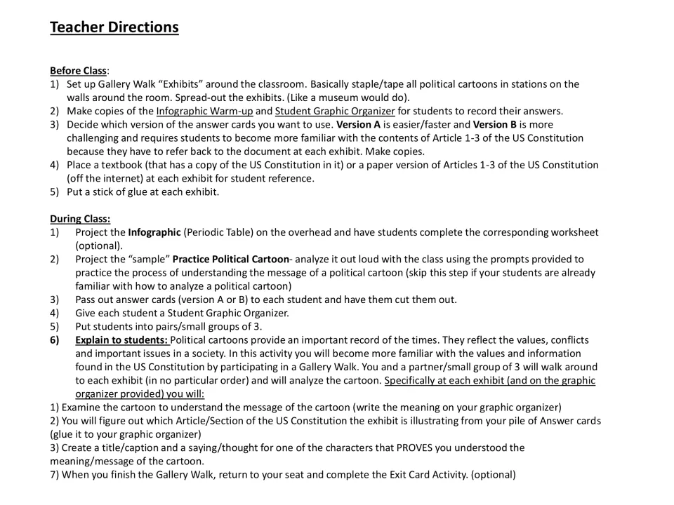 Teacher Directions: steps to post cartoon exhibits, then have pairs match each cartoon to an Article of the Constitution