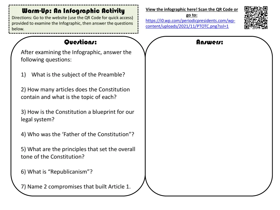 Warm-Up write-in sheet: students answer 7 infographic questions on the Preamble, articles and Article 1 compromises