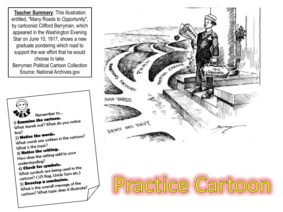 Practice cartoon: Berryman's 1917 Many Roads to Opportunity, with a 5-step guide for analyzing political cartoon messages