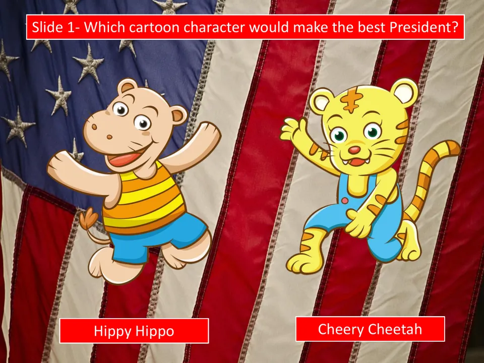 Simulation slide 1 asks students to choose Hippy Hippo or Cheery Cheetah as president, showing both candidates