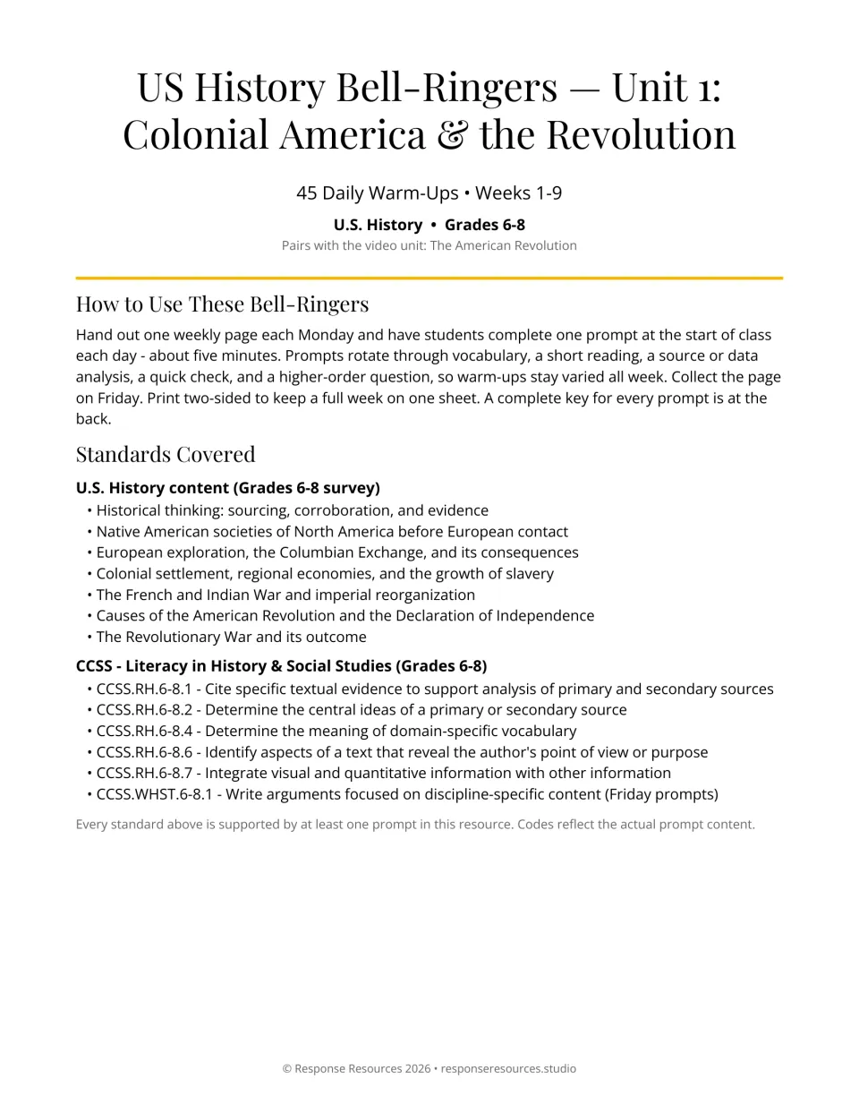 Cover and teacher introduction for 45 history bell-ringers, with weekly directions and literacy standards