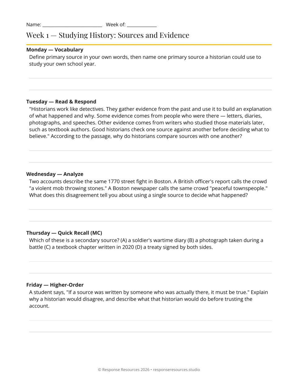 Week 1 history bell-ringers: five prompts on primary and secondary sources, evidence, and conflicting accounts