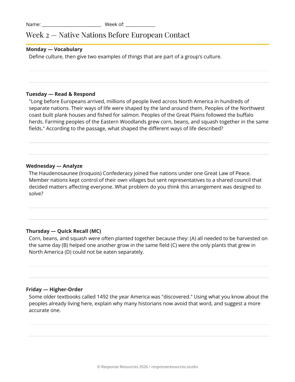Week 2 history bell-ringers: five prompts on Native nations, culture, the Haudenosaunee, and farming