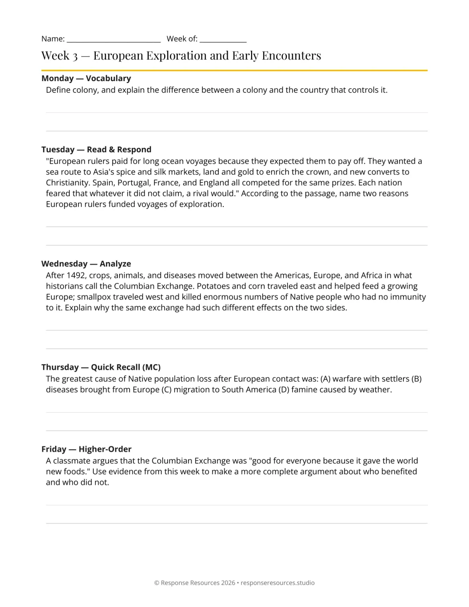 Week 3 history bell-ringers: five prompts on colonies, European exploration, and the Columbian Exchange