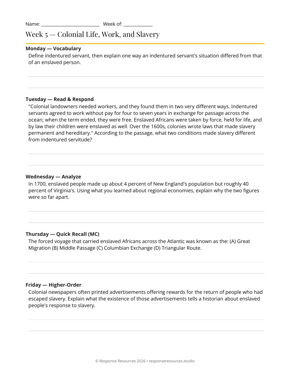 Week 5 history bell-ringers: five prompts on indentured servitude, slavery, resistance, and the Middle Passage