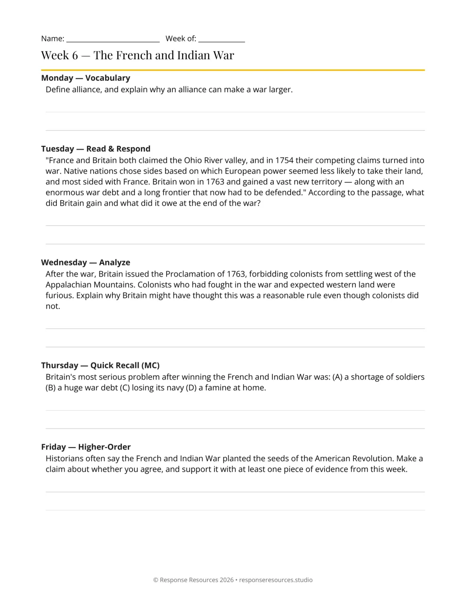 Week 6 history bell-ringers: five prompts on the French and Indian War, alliances, debt, and western settlement