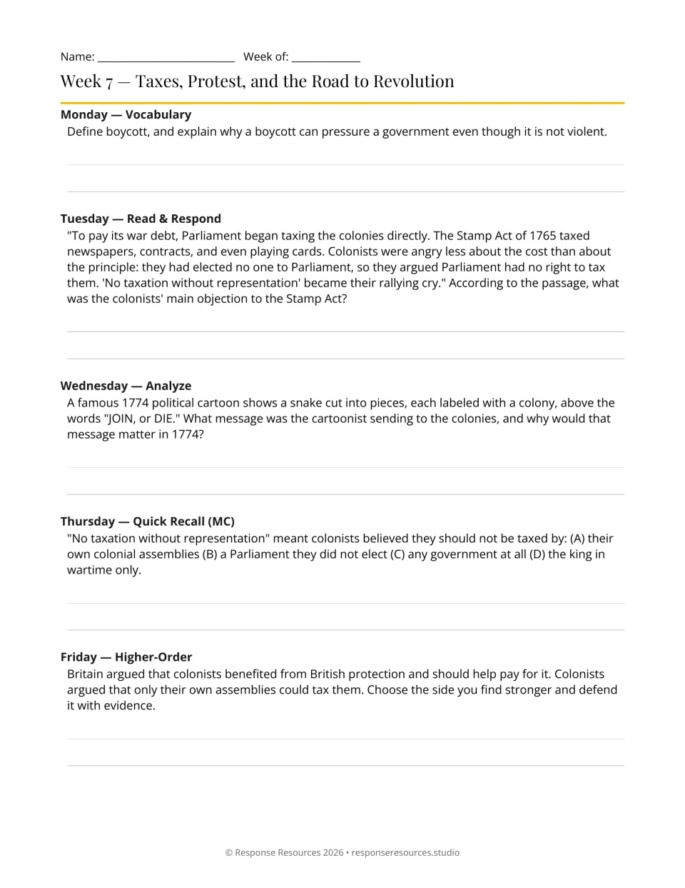 Week 7 history bell-ringers: five prompts on boycotts, the Stamp Act, colonial unity, and representation