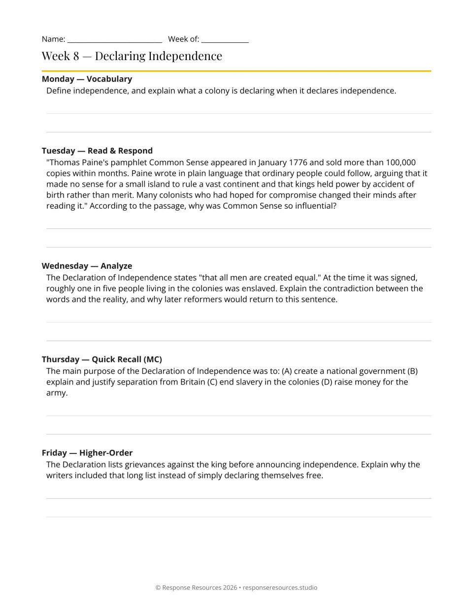 Week 8 history bell-ringers: five prompts on independence, Common Sense, equality, and grievances against the king