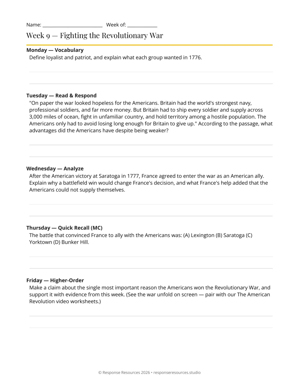 Week 9 history bell-ringers: five prompts on patriots, loyalists, American war advantages, and the French alliance