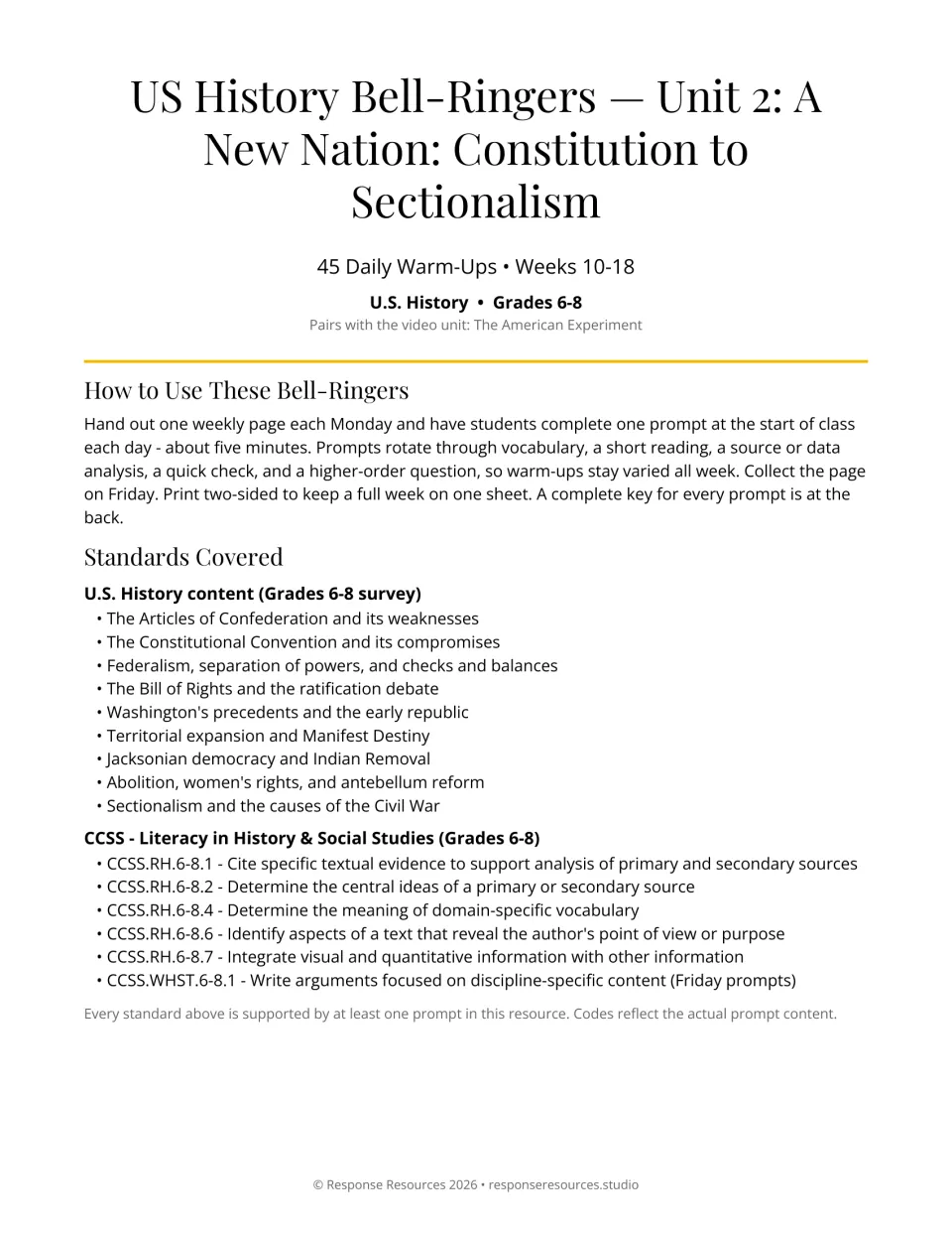 Bell-ringer introduction: 45 warm-ups for weeks 10–18, classroom directions, and history literacy standards