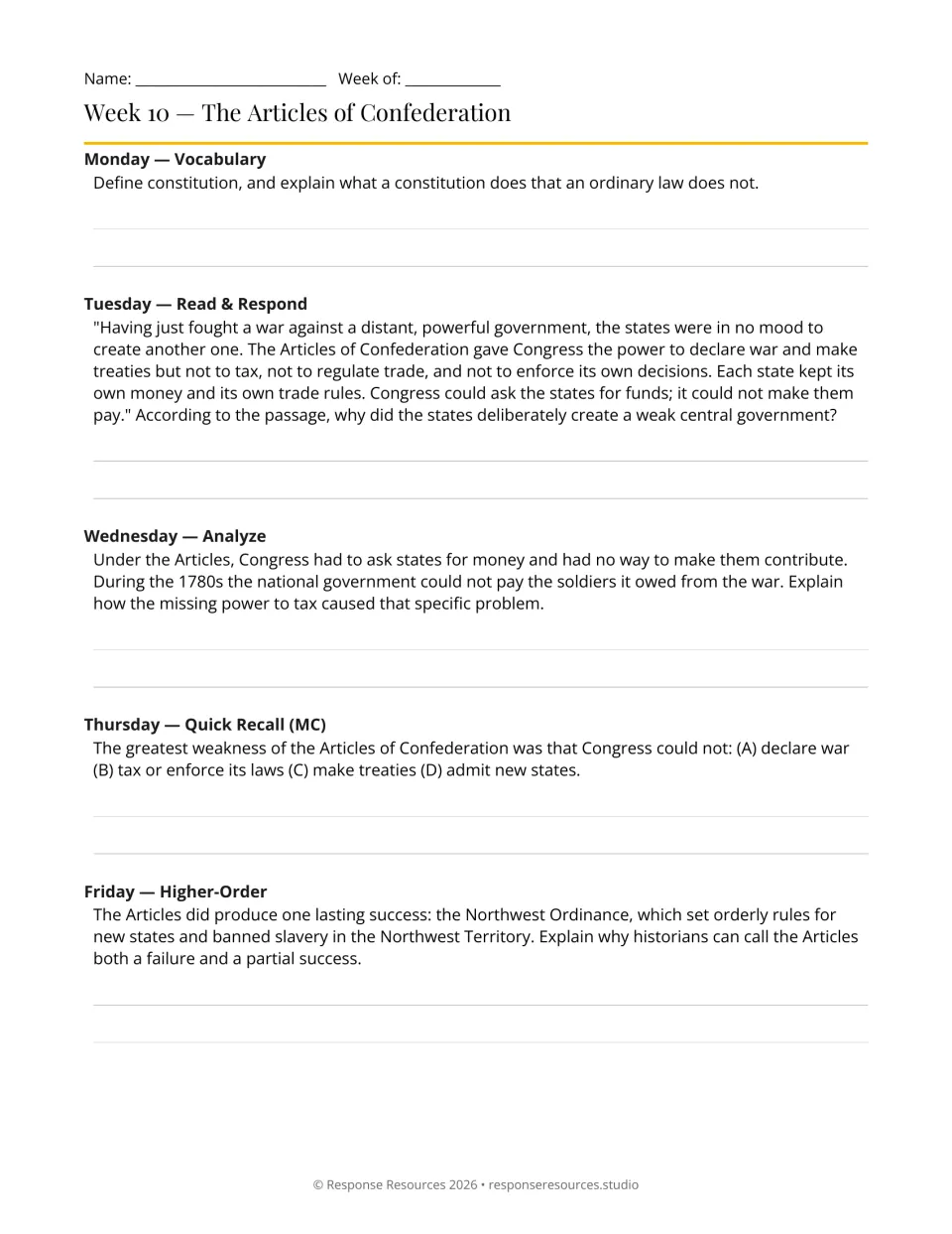 Week 10 bell-ringers: five prompts on the Articles of Confederation, taxing powers, and Northwest Ordinance