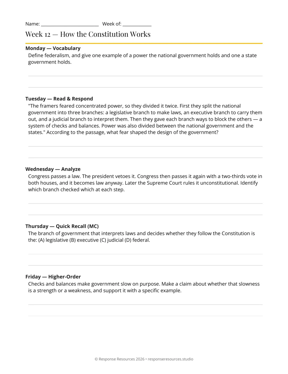 Week 12 bell-ringers: five prompts on federalism, the three branches of government, and checks and balances