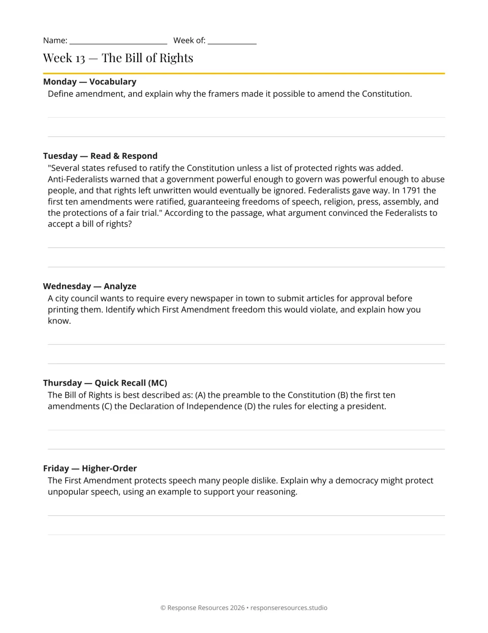 Week 13 bell-ringers: five prompts on the Bill of Rights, amendments, freedom of the press, and speech