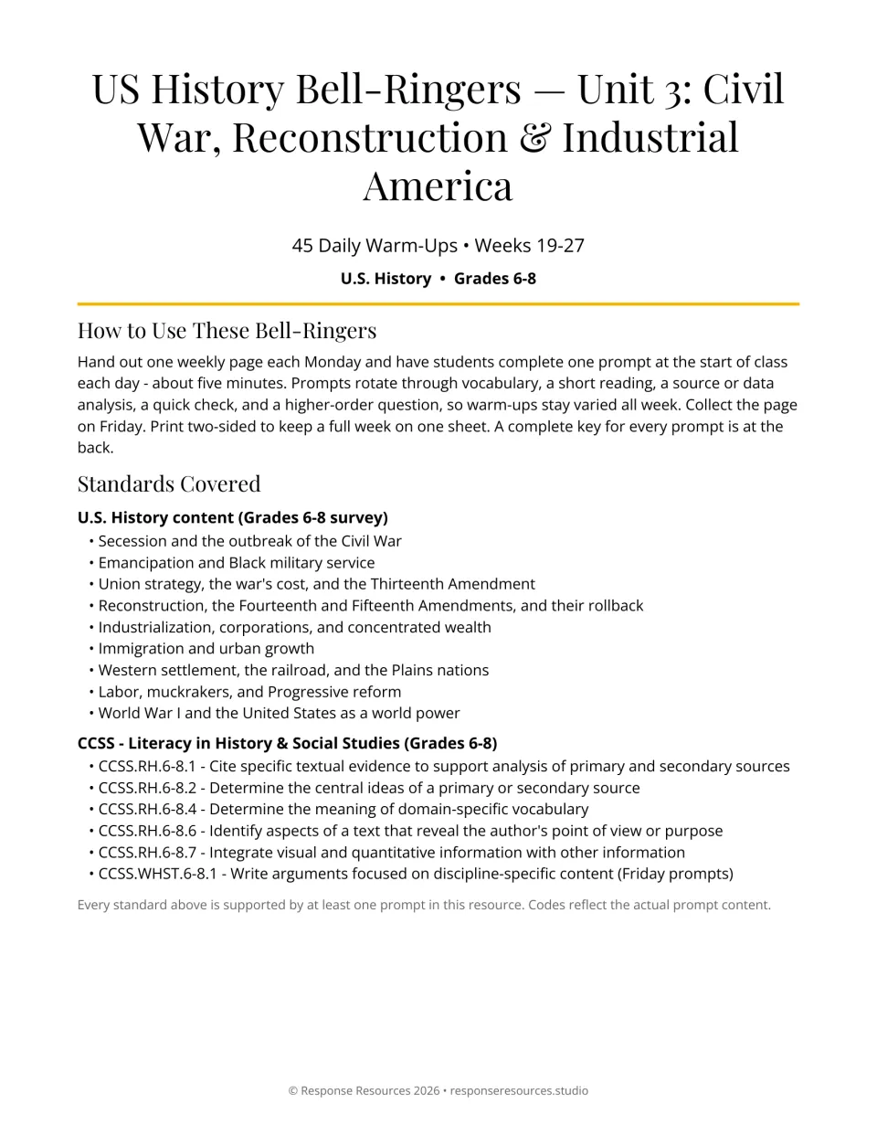 Unit 3 bell-ringer cover: 45 daily warm-ups on Civil War, Reconstruction, and industry, plus use instructions