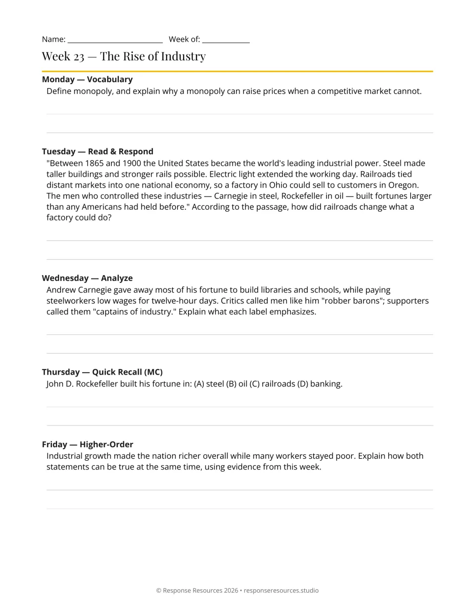Week 23 bell-ringers: five prompts on monopolies, railroads, Carnegie, Rockefeller, and unequal wealth