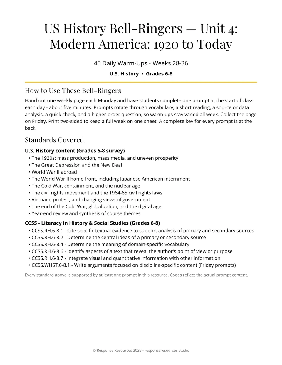 Introduction to 45 Modern America history warm-ups for weeks 28–36, with directions and literacy standards