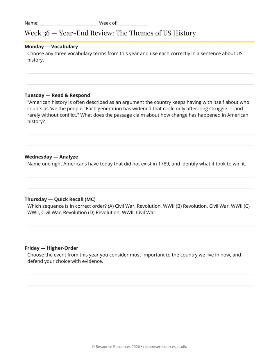 Week 36 history warm-ups for year-end review: vocabulary, expanding rights, chronology, and significant events