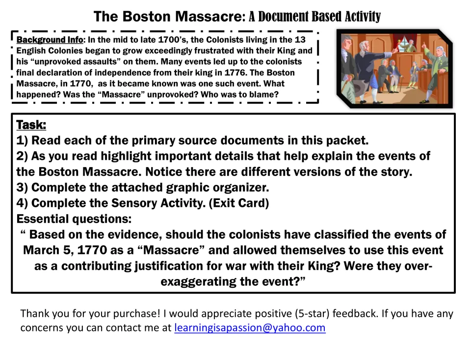 Boston Massacre directions: background on 1770, a four-step task to read and highlight sources, and an essential question